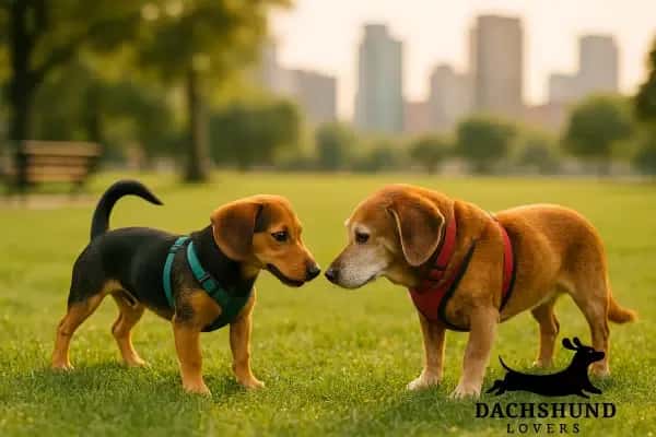 A 1-year Beagle-Dachshund mix and a 12-year senior Beagle-Dachshund mix meeting curiously