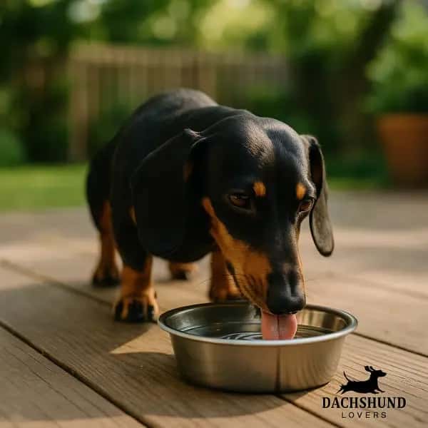 Black and tan dachshund drinking water from a stainless steel bowl outdoors on a sunny day.