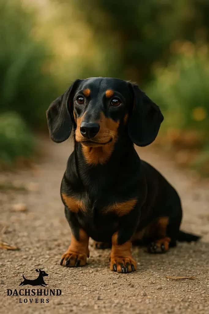 A black and tan dachshund with floppy ears sits on a dirt path, looking directly at the viewer
