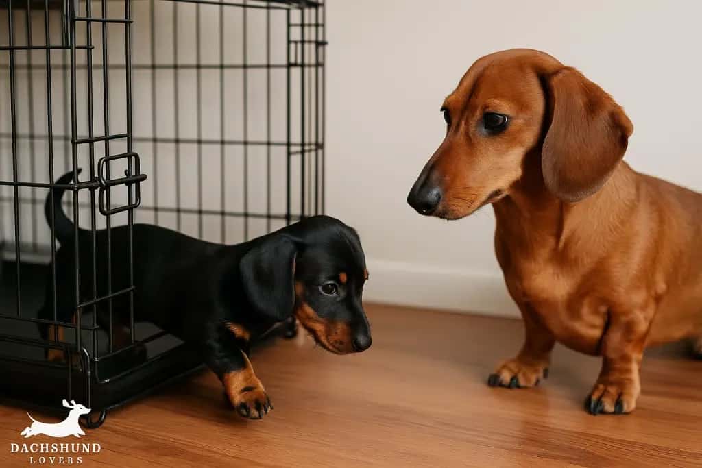 A mini black and tan dachshund puppy entering a crate as an adult red dachshund watches attentively