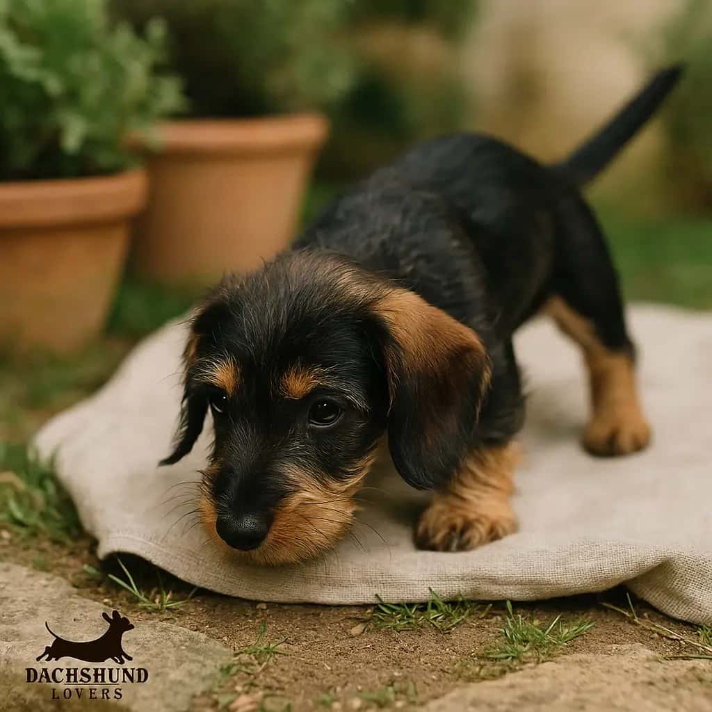 Black and Tan Wirehaired Dachshund Puppy in Garden – Dachshund Lovers
