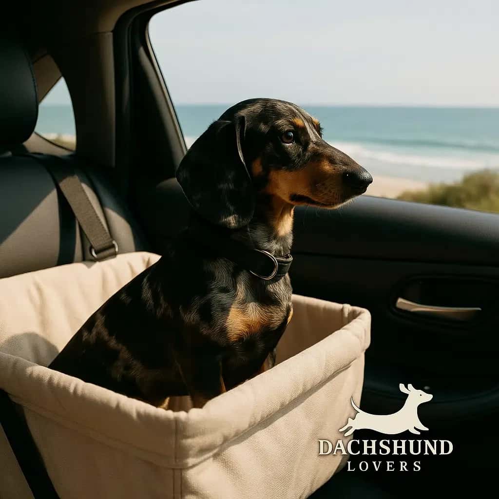 A black dapple dachshund sitting in a beige car booster seat, looking out the window