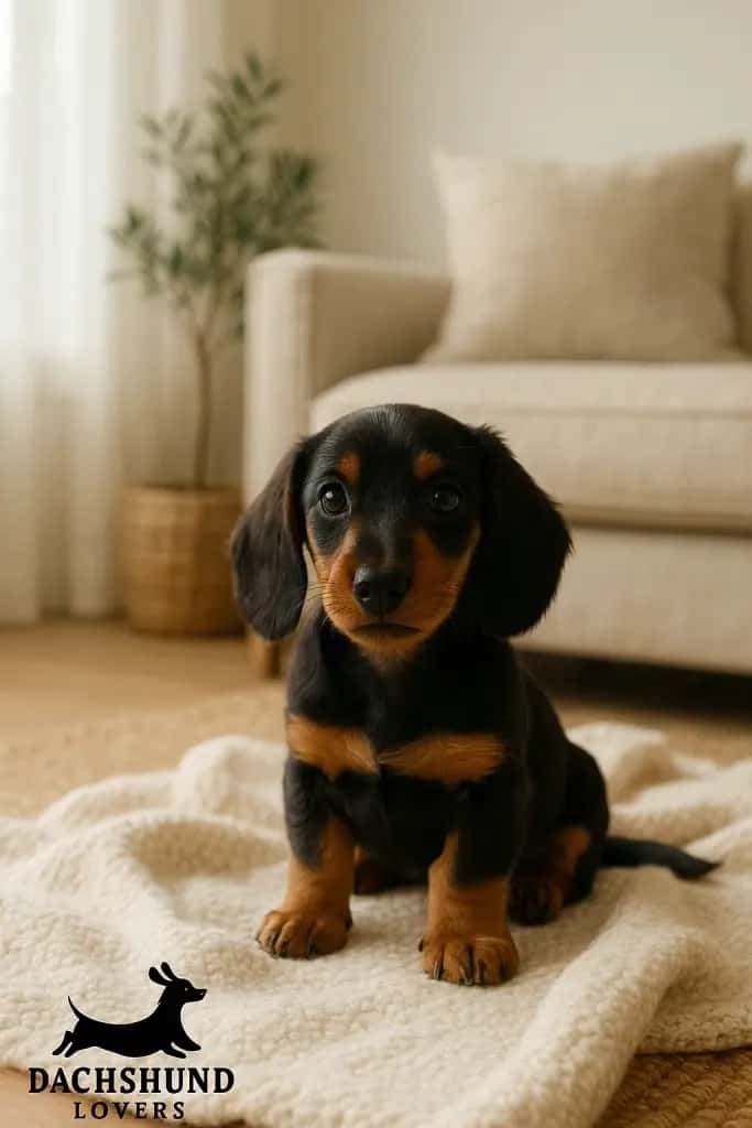 A small, black and tan dachshund puppy with large, floppy ears sits on a cream-colored