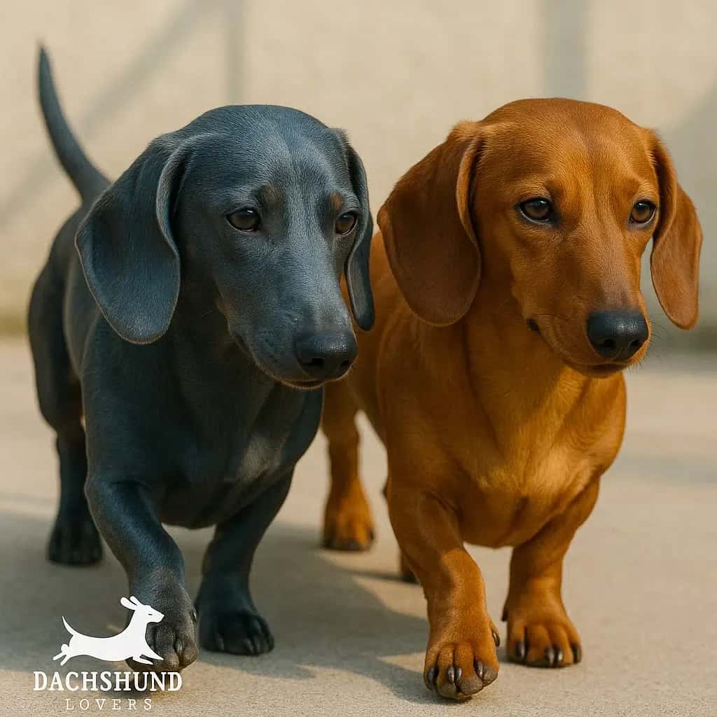 A blue dachshund and a red dachshund walking side by side in sunlight