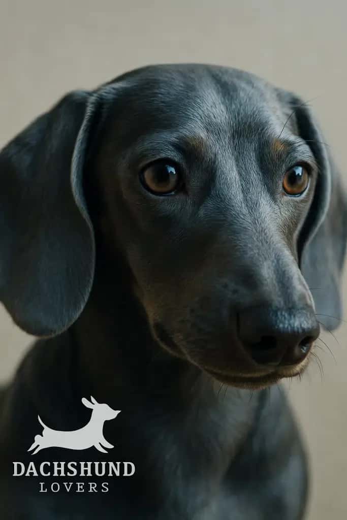 Close-up of a blue dachshund’s face in soft natural light, highlighting its smooth coat