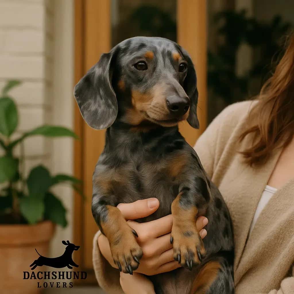 Blue dapple dachshund being gently held by its owner in a cozy home setting, with plants