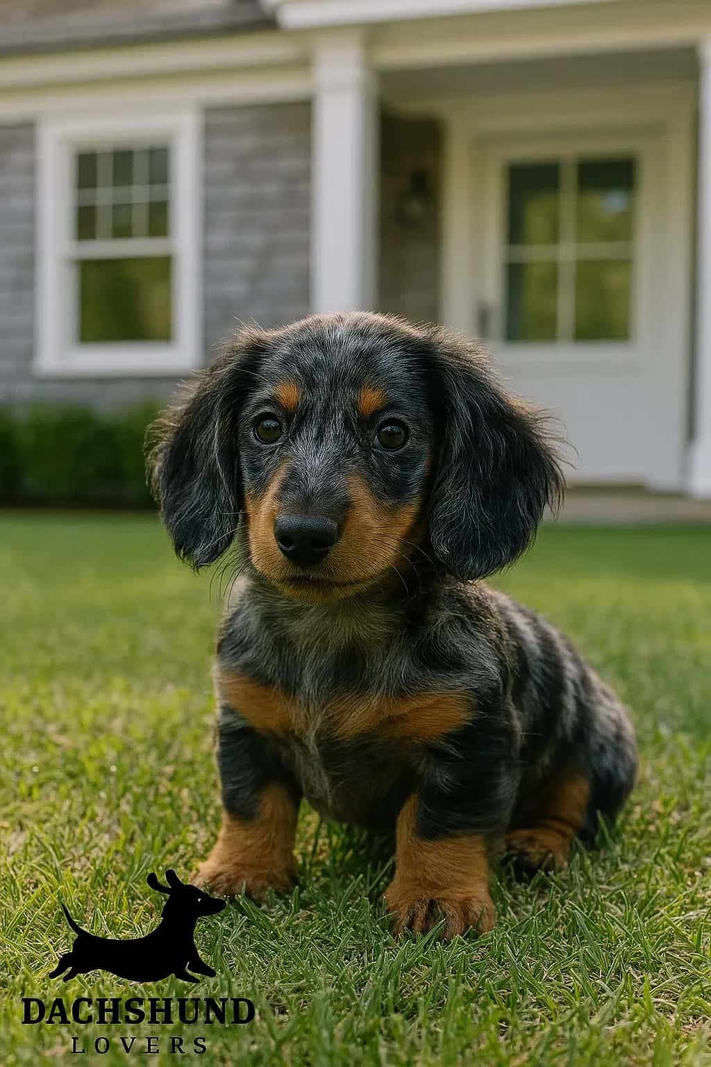Blue dapple dachshund puppy sitting on the front lawn of a Hamptons-style house.