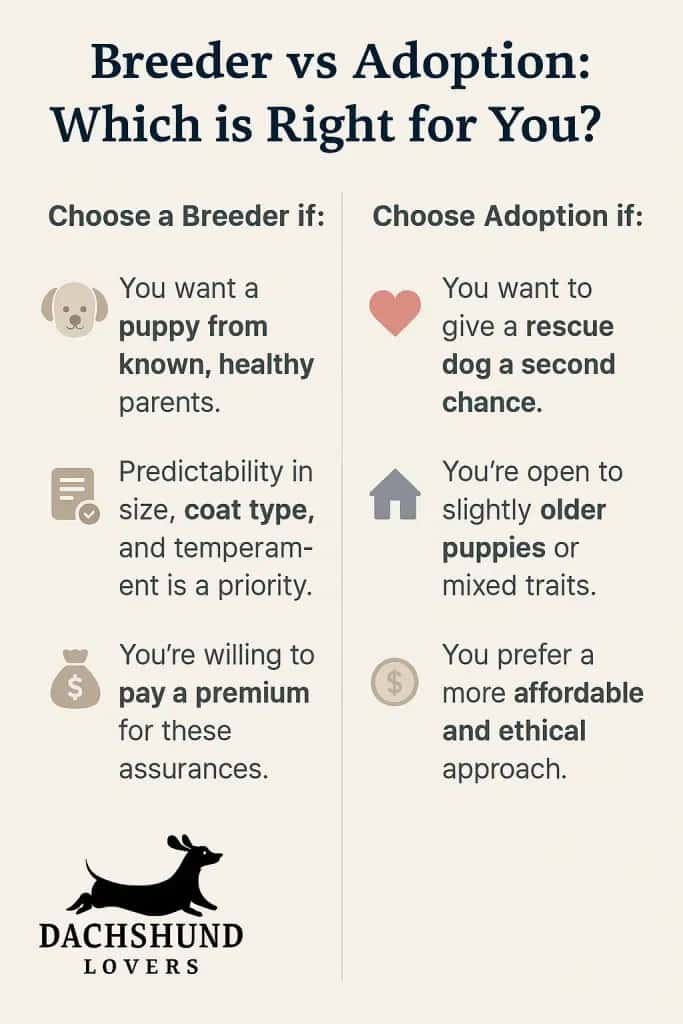 Infographic comparing breeder vs adoption for dog ownership, benefits like healthy parents
