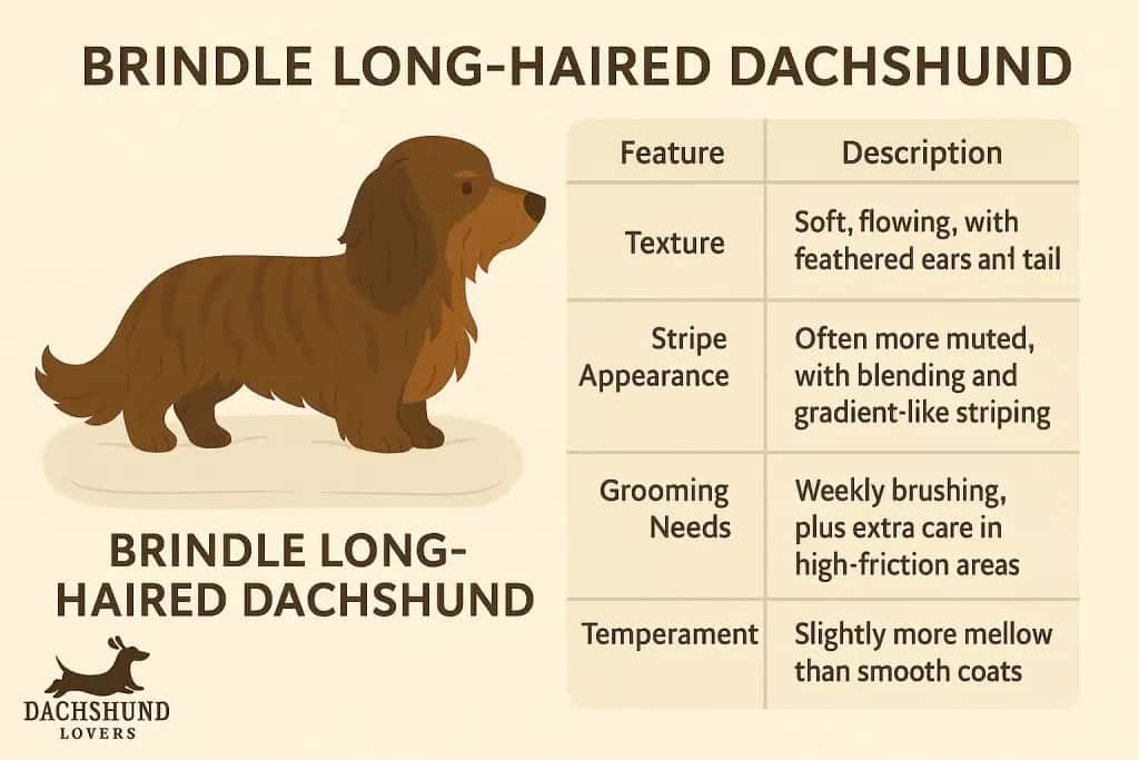 Infographic showing features of a brindle long-haired dachshund including coat texture