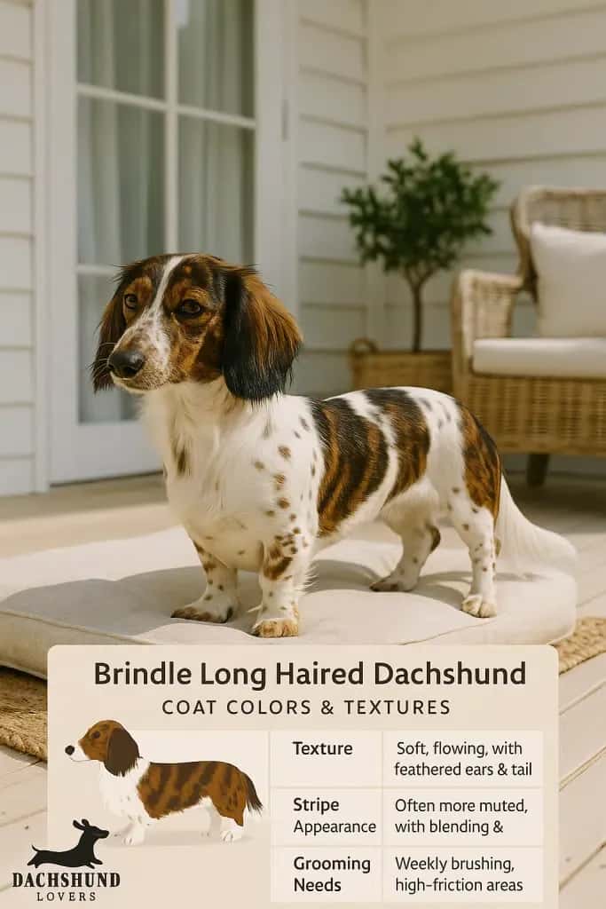 Brindle long-haired piebald dachshund on cushion with grooming infographic