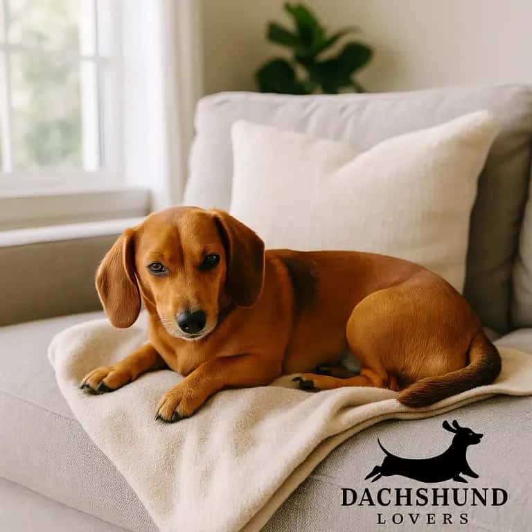 A Brown Beagle Dachshund mix curled up on a blanket on a sofa in a modern Miami living room