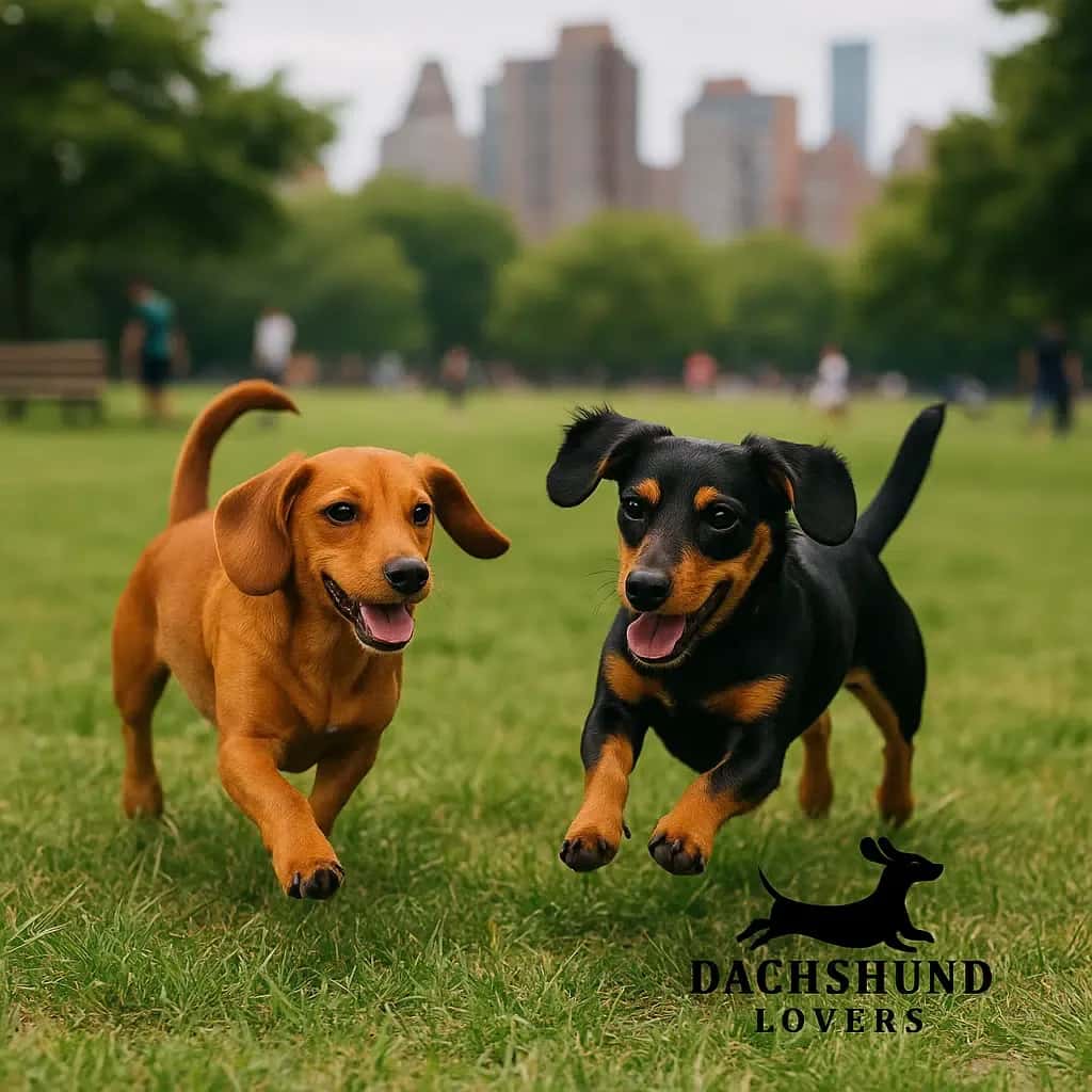 A brown Beagle Dachshund mix chasing a black-and-tan Beagle Dachshund mix across the grass