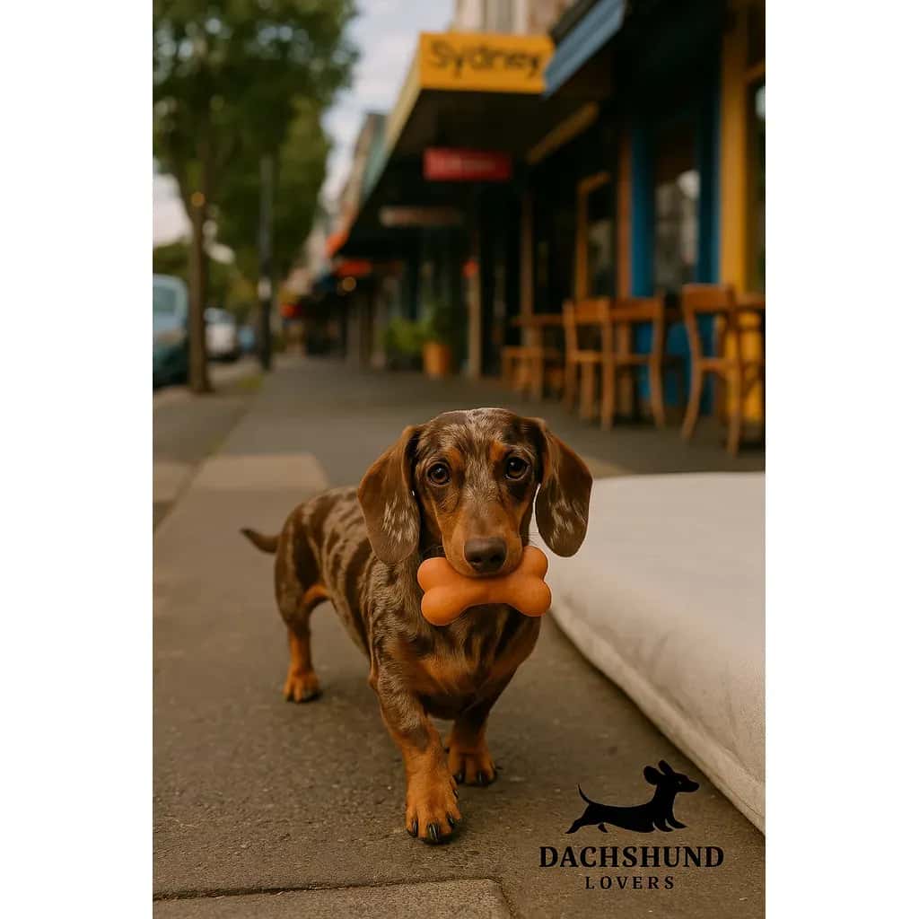 A brown dapple mini Dachshund walks along a lively street in Newtown