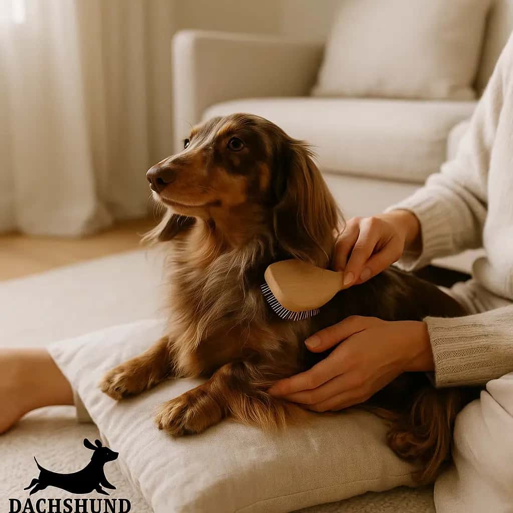 Long-haired chocolate dapple dachshund being gently brushed on a soft cushion