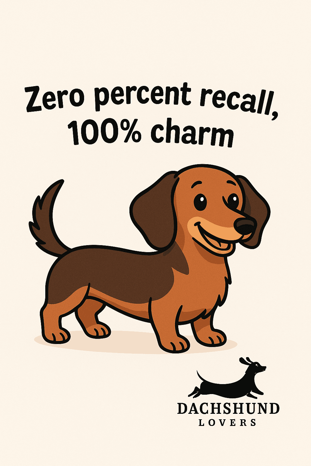 Cartoon illustration of a happy Dachshund with the phrase "Zero percent recall, 100% charm" above it, set on a light background with the Dachshund Lovers logo.