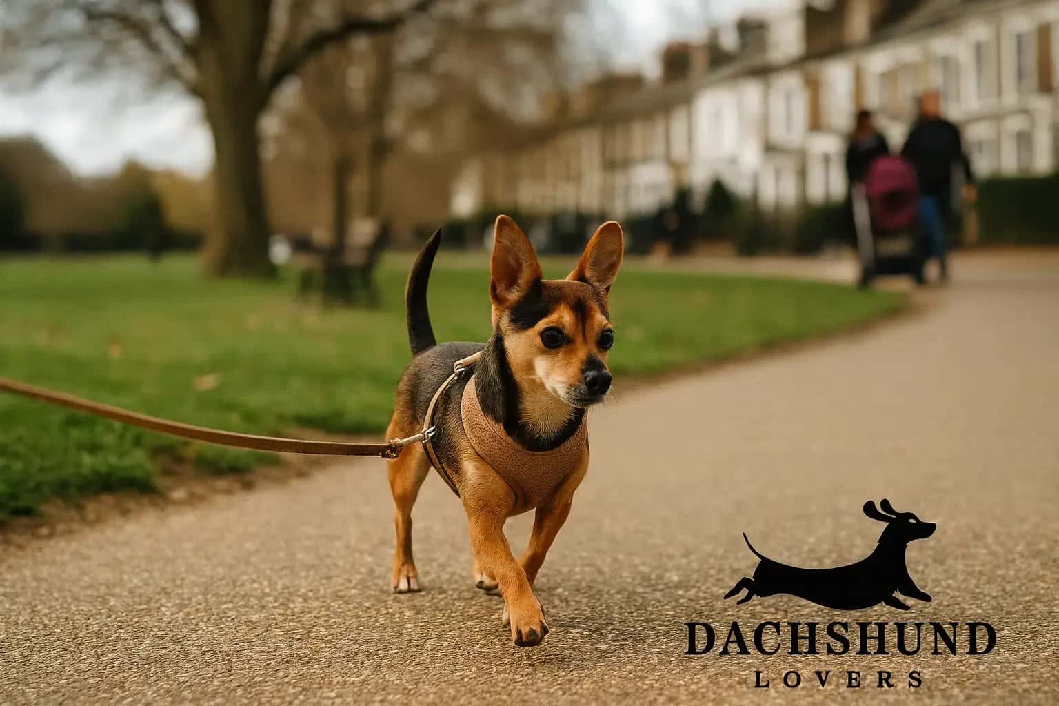 A small Chihuahua Dachshund mix walking through a park in Fulham, wearing a harness.