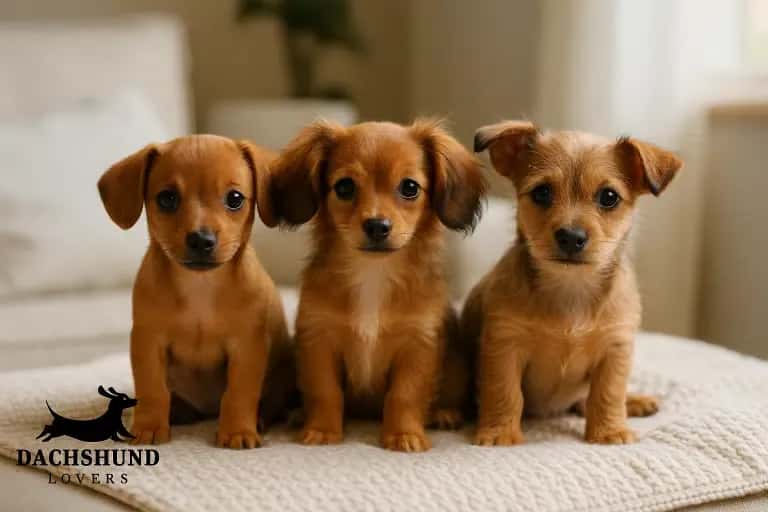 Three Chiweenie puppies sitting on a blanket indoors – one smooth-coated, one long-haired
