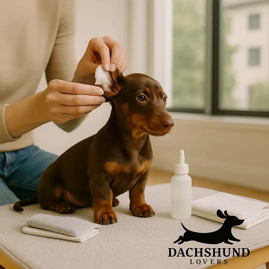Chocolate smooth-haired dachshund puppy sitting calmly on a soft grooming table in a bright