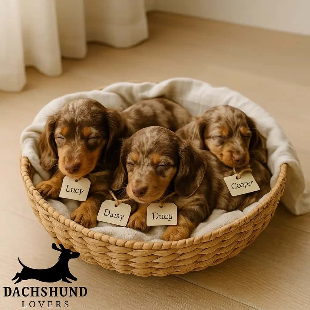 Four chocolate dapple dachshund puppies named Lucy, Daisy, Ducy, and Cooper sleeping