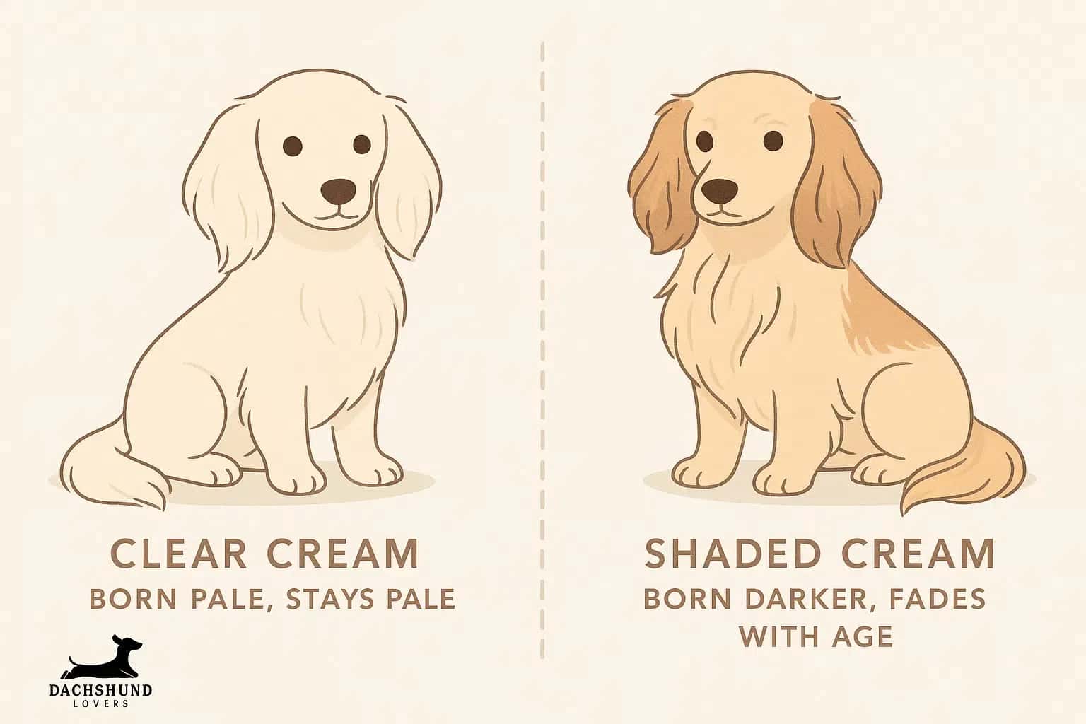 Illustration comparing clear cream vs shaded cream dachshunds, showing coat color differences