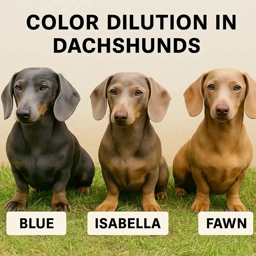 Three dachshunds showing color dilution—black and tan, blue, and isabella—sitting side by side with clear coat labels