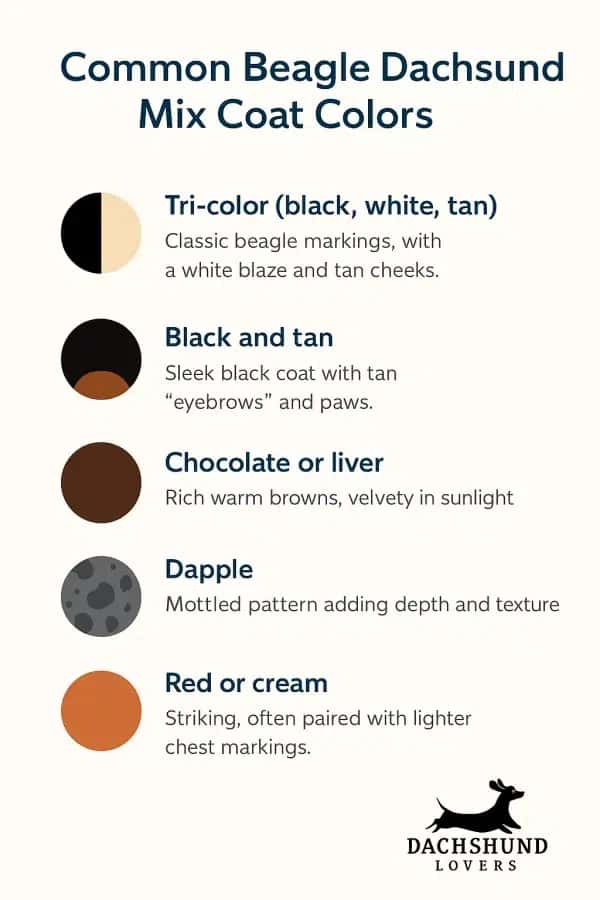 Infographic Common coat colors of Beagle Dachshund mixes: Tri-color, Black and tan, Chocolate