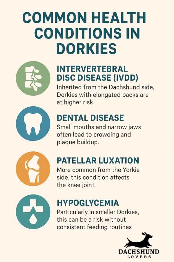 Infographic Common Health Conditions in Dorkies" IVDD, dental disease, patellar luxation