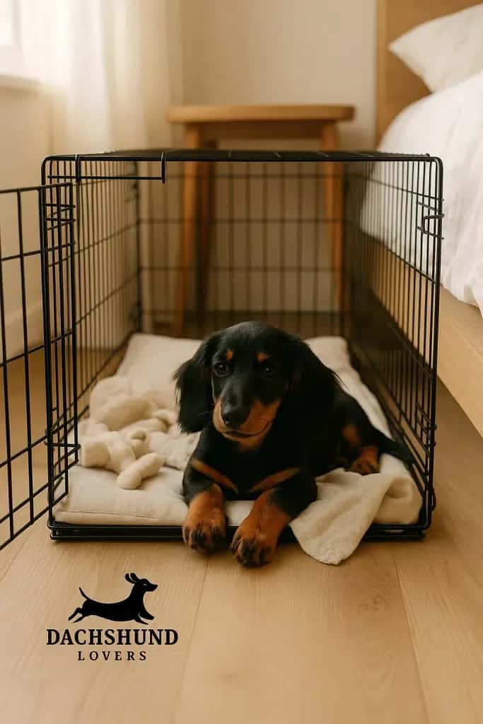 A long-haired Dachshund puppy with black and tan markings is sitting in a wire crate