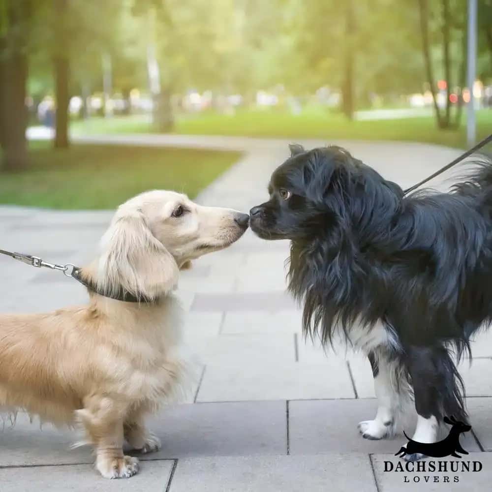Cream dachshund meeting a black dog in the park, both on leashes