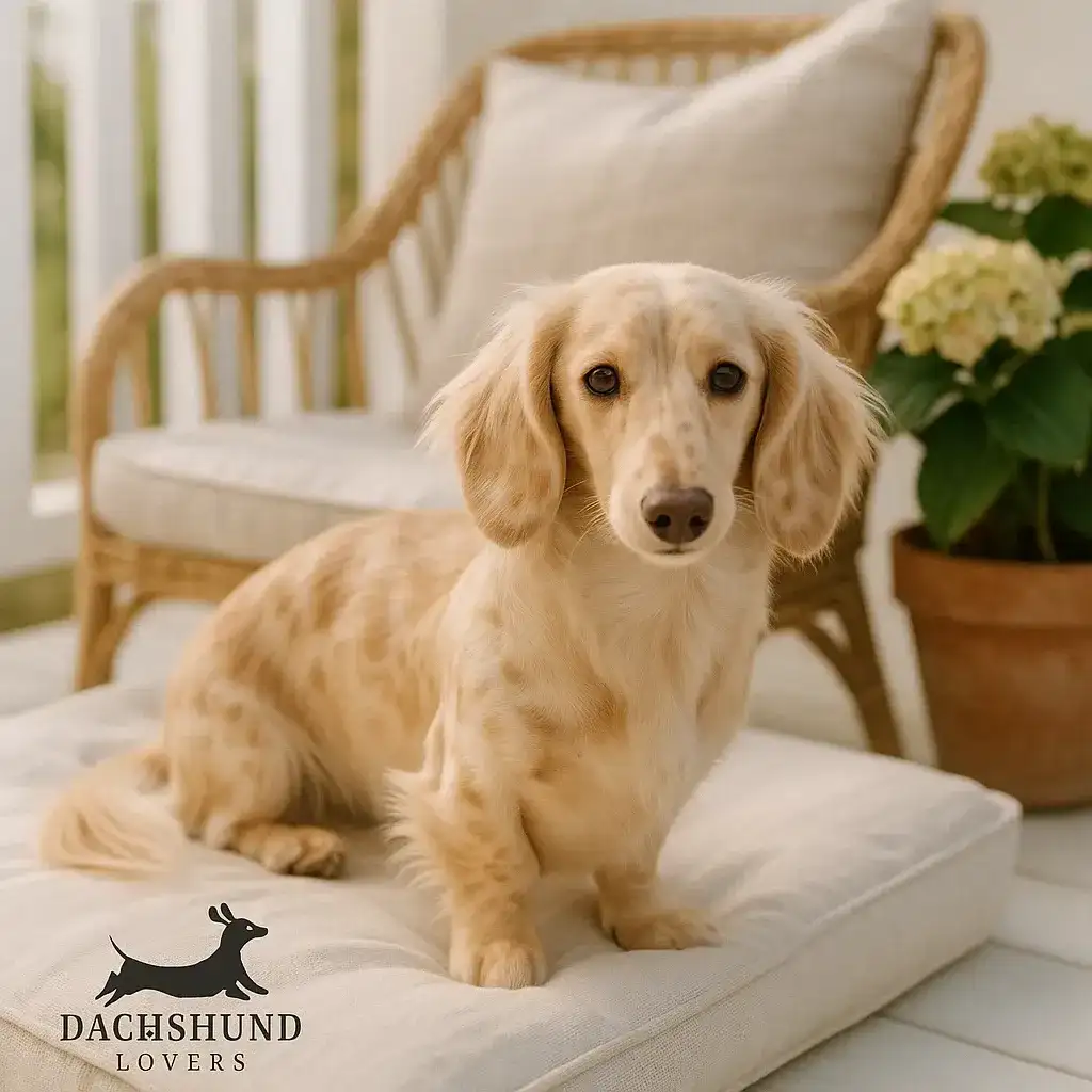 Cream dapple dachshund sitting on a neutral cushion on a Hamptons-style porch