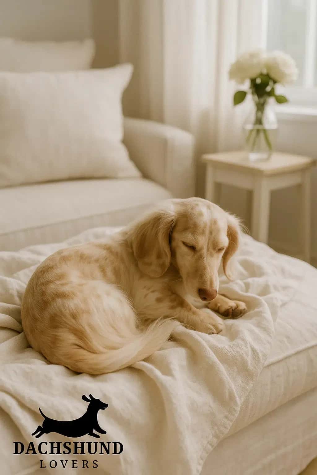 Cream dapple dachshund curled up on a soft linen bed near a window with white peonies in a vase.