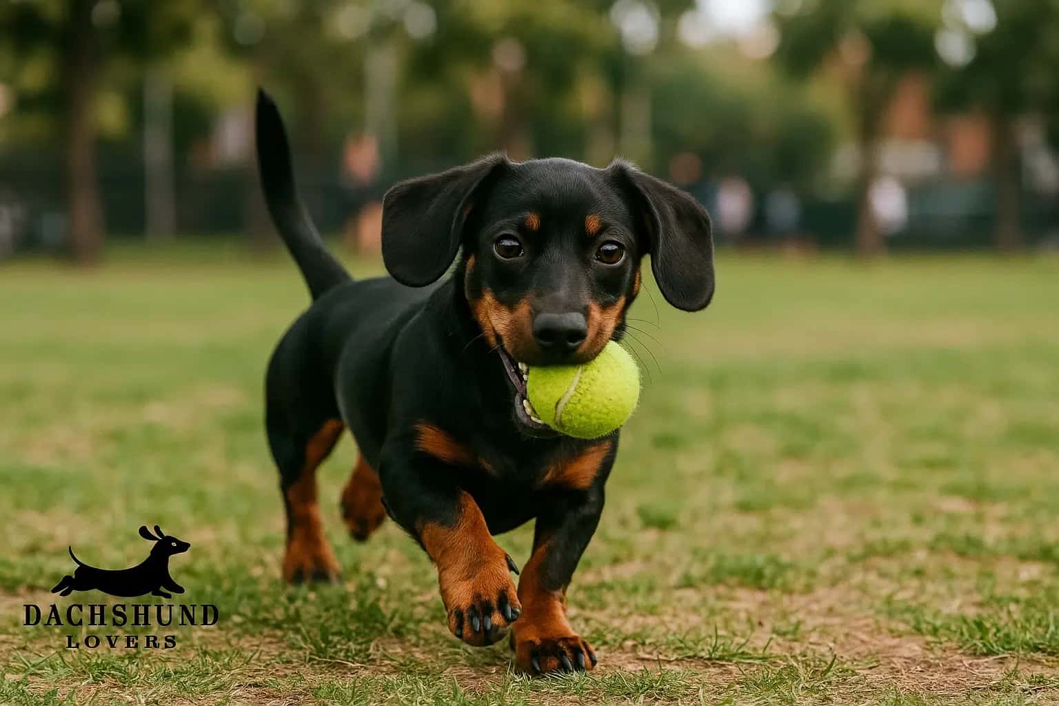 Dachsador puppy playing with a ball in Newtown dog park, showing its dachshund-like body
