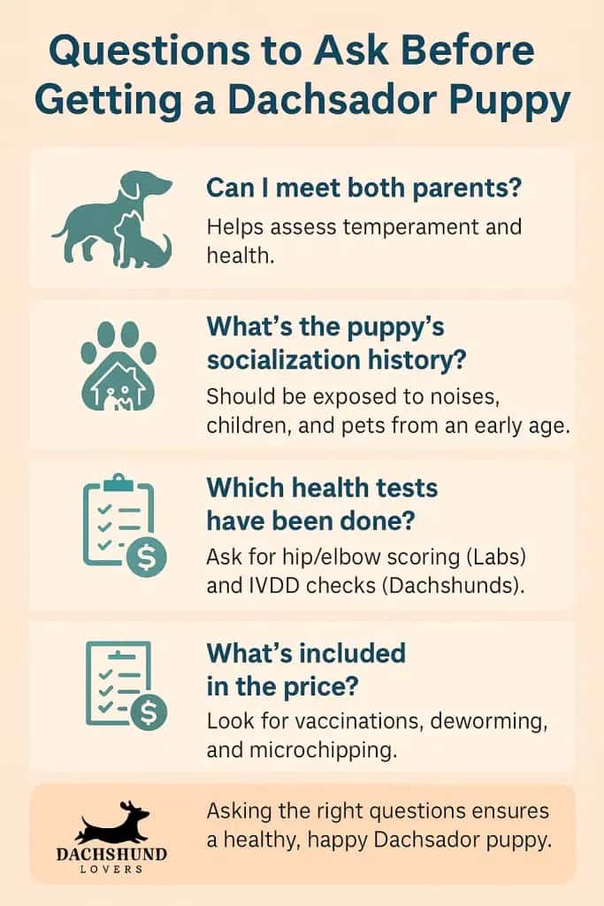 Dachsador pup questions: parents, health, socialization & price. Dog/paw/check icons.