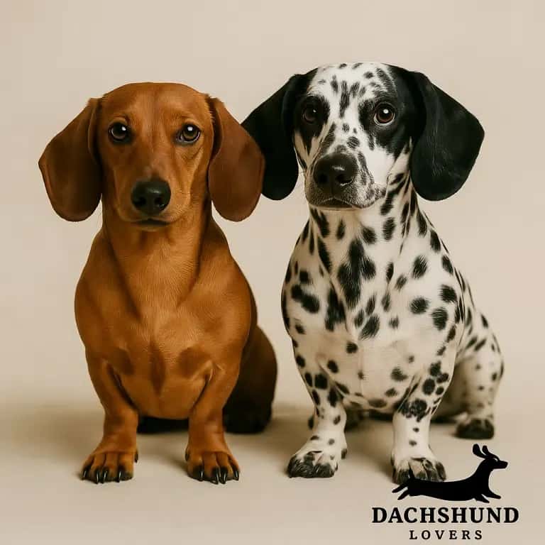 A smooth brown dachshund sits next to a Dachshund Dalmatian mix with a spotted coat