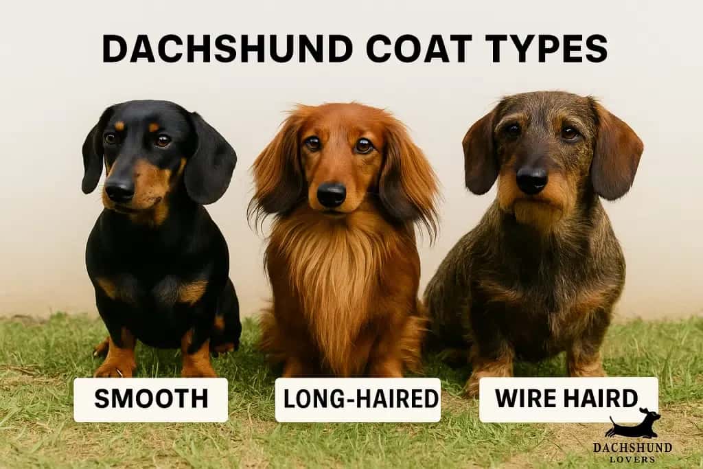 A smooth, long-haired, and wire-haired dachshund sitting side by side on grass