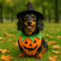 Dachshund in a pumpkin Halloween costume wearing a witch hat on a grassy autumn lawn