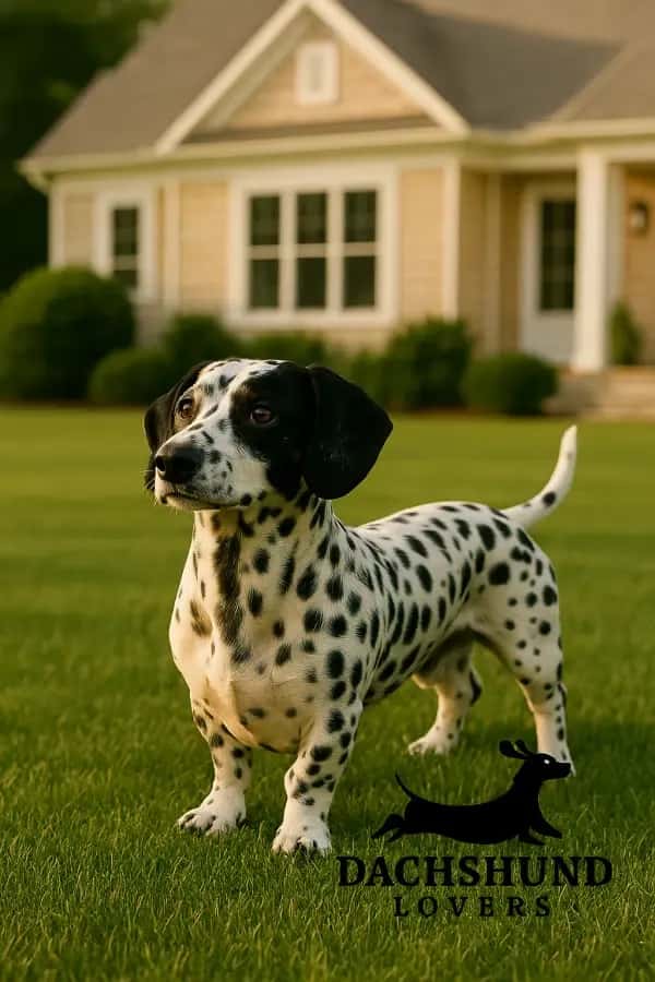 A dalmatian-patterned dachshund stands on a lush green lawn in front of a charming house,