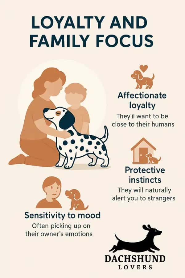 Illustration of a family with a Dalmatian, dog traits: affectionate loyalty and protective instincts