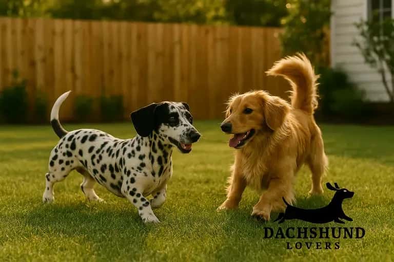 Two playful dogs, a Dalmatian-Dachshund mix and a Golden Retriever, frolic on a grassy lawn