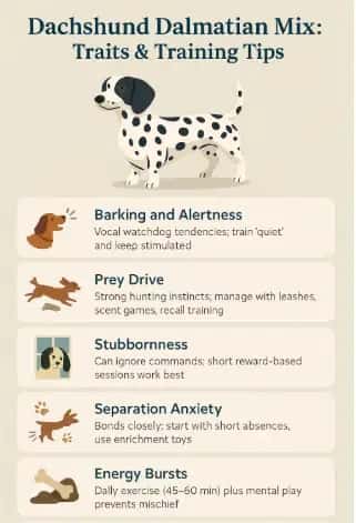 Infographic Dachshund Dalmatian Mix, Traits & Training Tips with an illustration of a spotted dog