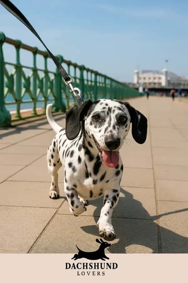 A Dachshund Dalmatian mix walking on a leash along the Brighton seafront promenade