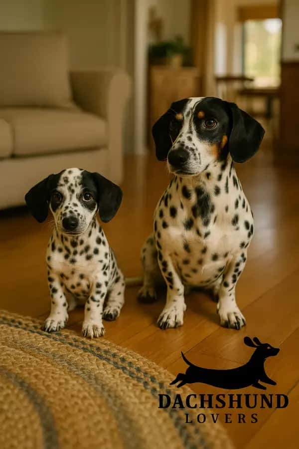 A Dachshund Dalmatian mix puppy sits next to a mature Dachshund Dalmatian in a home