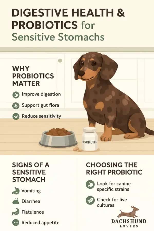 Illustration of a dachshund beside dog food and a probiotic bottle, emphasizing digestive