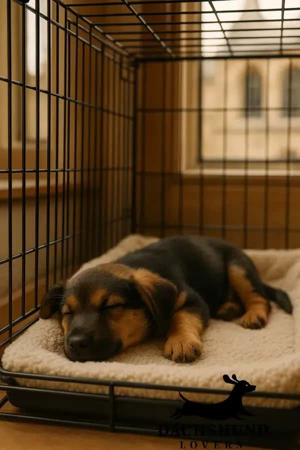 Dachshund German Shepherd mix puppy sleeping in a crate with soft bedding, inside an home