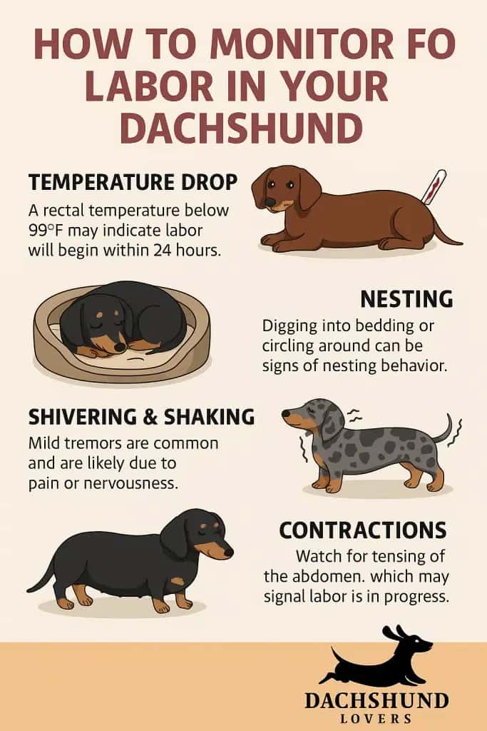 Infographic illustrating how to monitor for labor in a dachshund, with visual cues and descriptions of symptoms like temperature drop, nesting, shivering, and contractions, along with cartoon dachshund illustrations and the Dachshund Lovers logo.