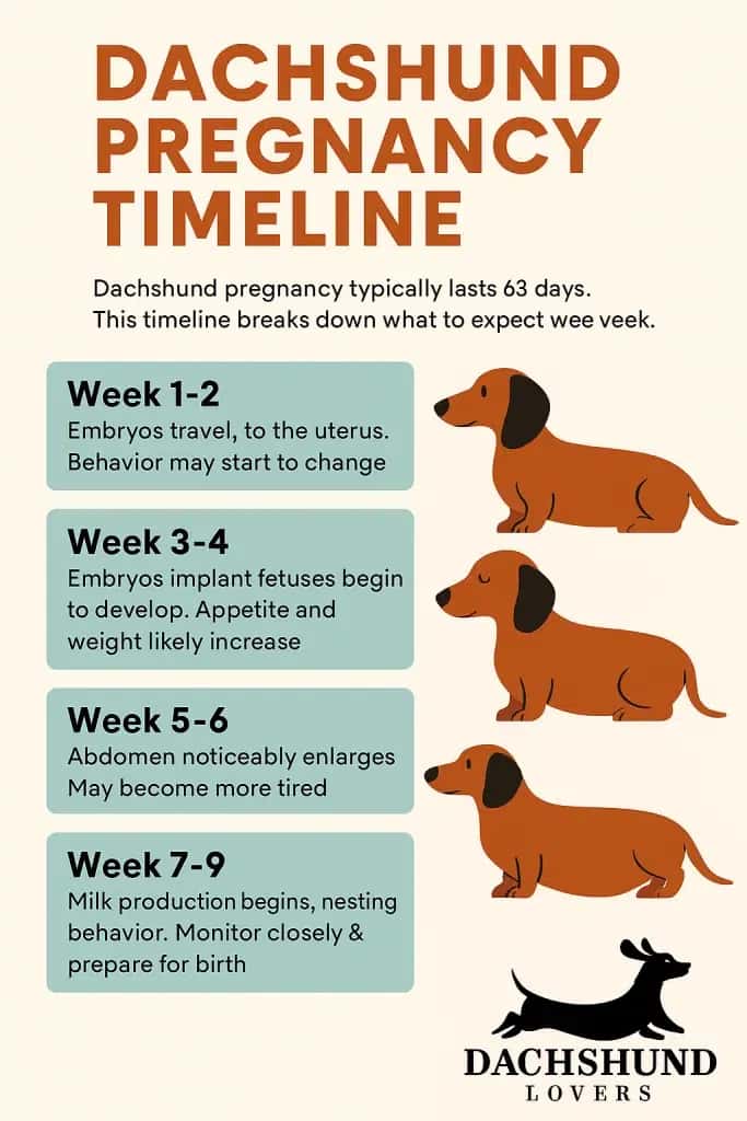 Infographic of a dachshund’s 63-day pregnancy timeline with weekly milestones and illustrations