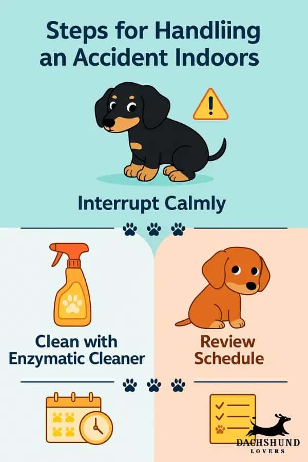 Illustrated guide on handling indoor pet accidents with calm interruption, cleaning, and routine.