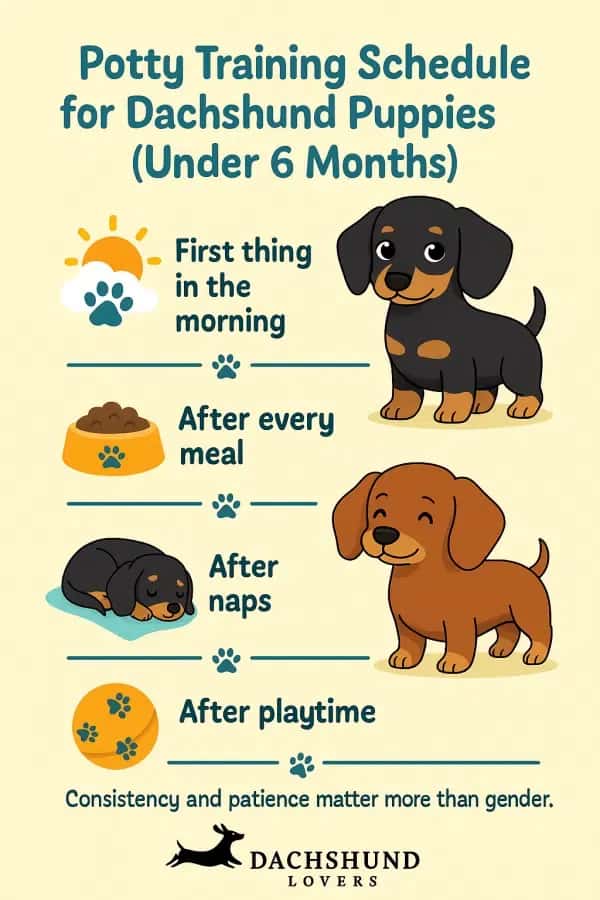 Infographic of a potty training schedule for Dachshund puppies under six months.
