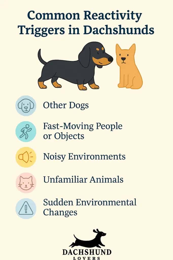 Infographic of five common Dachshund reactivity triggers, featuring the Dachshund Lovers logo.
