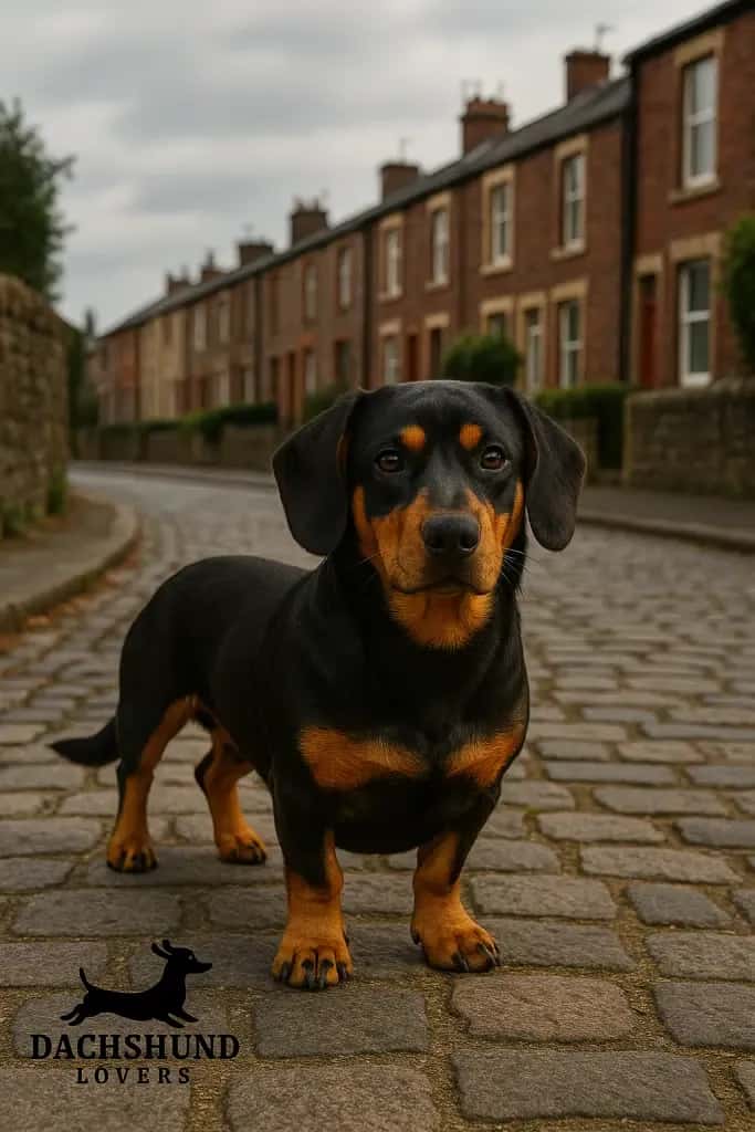 Realistic Dachshund Rottweiler Beagle mix standing on a cobblestone street in Blackburn